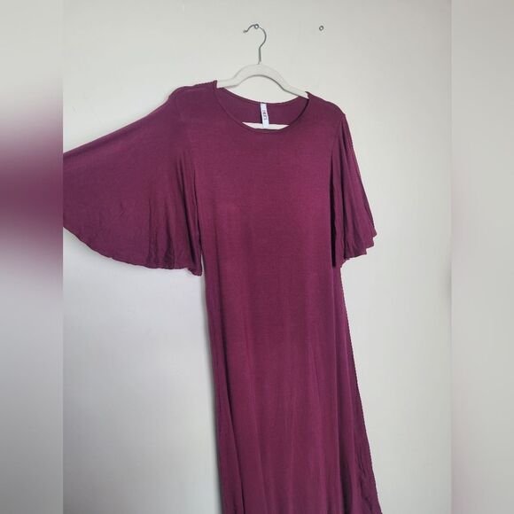 2Hearts Jersey Knit Dress Bell Sleeves Full Skirt Purple Midi Soft Casual Medium - Picture 5 of 10